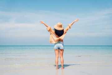 Happy beauty woman together on the beach having fun in a sunny day, Beach summer holiday sea people concept.