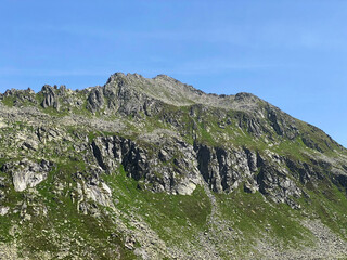 The Monte Prosa peak (2737 m) in the massif of the Swiss Alps and in the area of the mountain St....