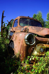 Cab of a rundown lumber truck from the 1930s by the side of the road in the Ottawa Valley
