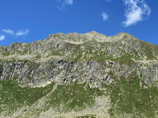 The Monte Prosa peak (2737 m) in the massif of the Swiss Alps and in the area of the mountain St....