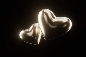 Golden hearts on a black background 3d render.