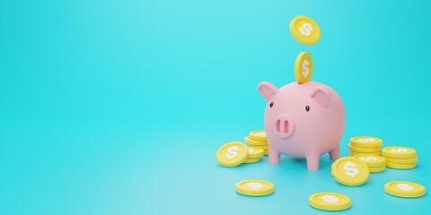 3d rendering illustration Cartoon minimal pink piggy bank with coin flying money saving and deposit concept. Business concept.