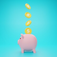 3d rendering illustration Cartoon minimal pink piggy bank with coin flying money saving and deposit concept. Business concept.