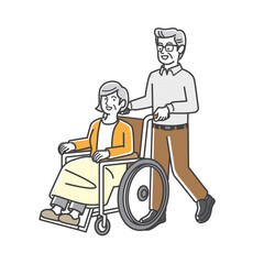車椅子を押す高齢の夫と妻