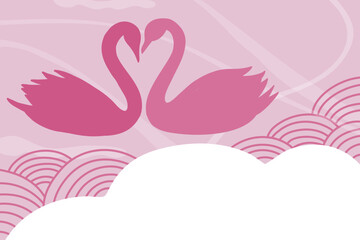 Love Swan birds pink background cloud sky Japanese drawing heart Valentine’s Day 