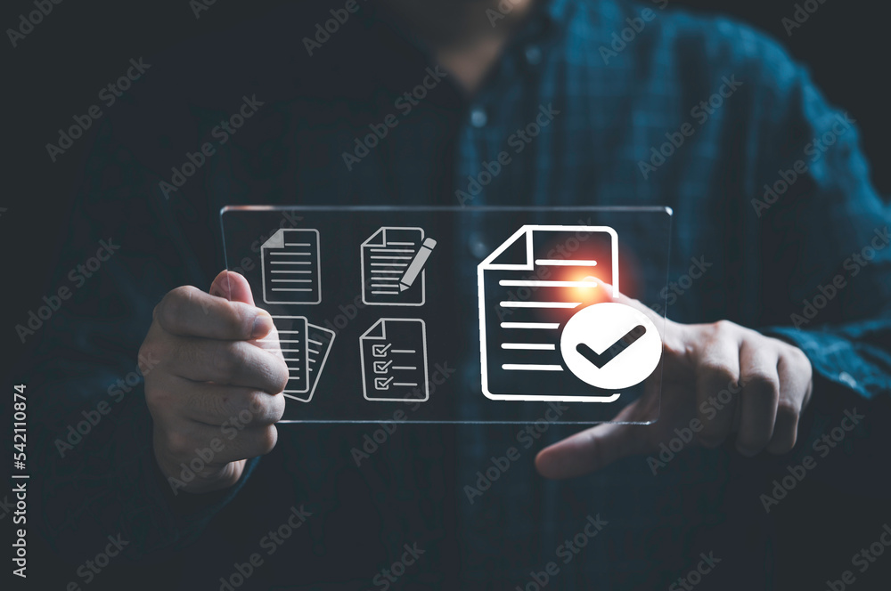 Poster businessman holding virtual tablet with virtual document and correct mark sign for online paperless 