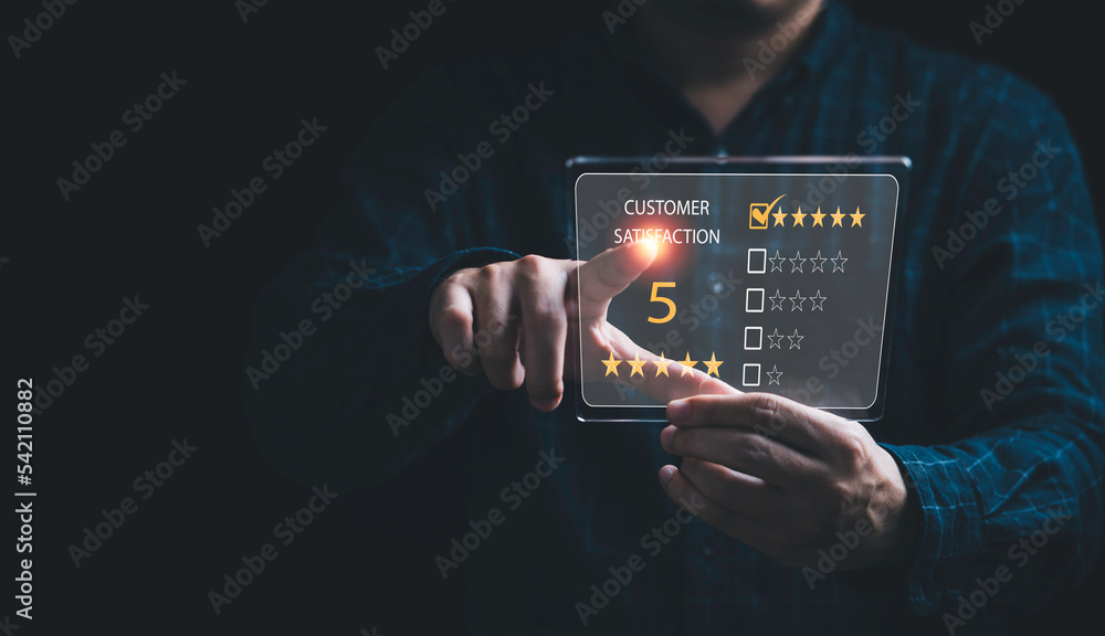Poster businessman holding virtual tablet to select five stars for excellent client evaluation and customer