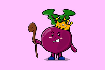 Cute cartoon Beetroot mascot as wise king with golden crown and wooden stick illustration