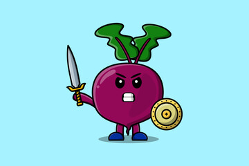 Cute cartoon character Beetroot holding sword and shield in modern style design