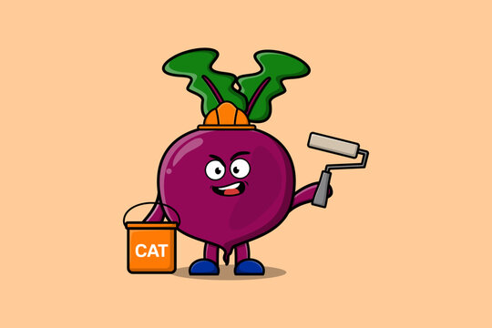 Cute cartoon Beetroot as a builder character painting in flat modern style design illustration