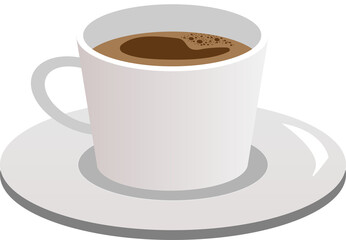 Hot black coffee in white cup and saucer side view. Breakfast beverage. 