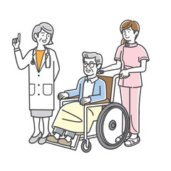 車椅子を押す看護師と高齢男性患者と医者のイラスト