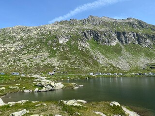 Summer atmosphere on the Lago della Piazza lake (Lake of the Piazza) in the Swiss alpine area of...
