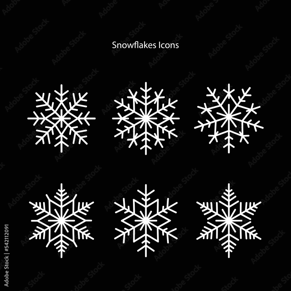 Poster snowflake variations icon collection isolated on black background. snowflake icons set. snowflake sy