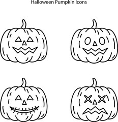 Pumpkin emoji with outline style. Halloween cartoon pumpkins carved face, halloween happy emotions, smiling funny mask, stickers, scary faces, set orange evil icons