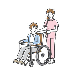 車椅子に乗る若い男性を介助する看護師