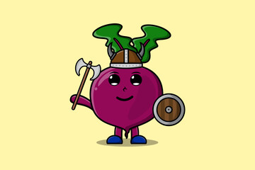 Cute cartoon character Beetroot viking pirate with hat and holding ax and shield 