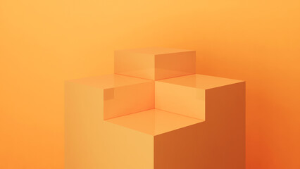 Orange square podium four stepped pedestal stage with clear orange backdrop for product presentation. 3D Illustration.