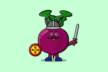Cute cartoon character Beetroot viking pirate with hat and holding sword and shield illustration