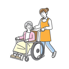 車椅子に乗るシニア女性と介護スタッフ
