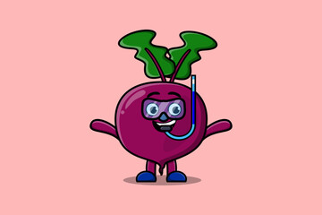 Cute cartoon Beetroot diver with swimming glass in flat modern style design
