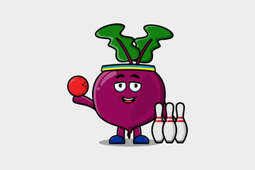 Cute cartoon Beetroot character playing bowling in flat modern style design illustration