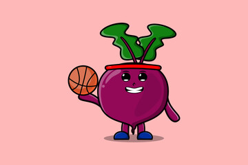 Cute cartoon Beetroot character playing basketball in flat modern style design illustration