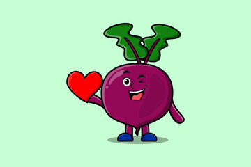 Cute cartoon Beetroot character holding big red heart in modern style design illustration