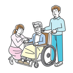 車椅子の高齢の父と息子夫妻