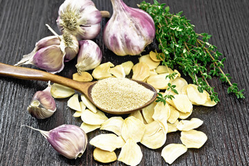 Garlic ground in spoon on black board