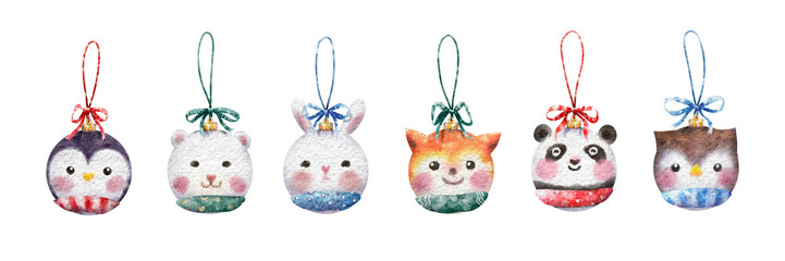 Set of animal face Christmas ball isolated watercolor illustration. Hand drawn Christmas ornaments with penguin, polar bear, rabbit, fox, panda, owl for sticker, card printing, scrapbook decoration.