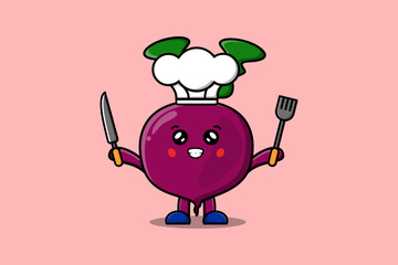Cute cartoon Beetroot chef character holding knife and fork in flat cartoon style illustration