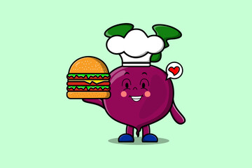 Cute cartoon Beetroot chef character holding burger in flat cartoon style illustration
