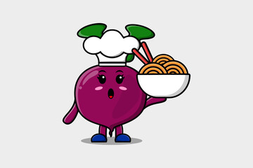 Cute cartoon Beetroot chef character holding noodles in bowl flat cartoon style illustration