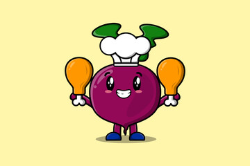 Cute cartoon Beetroot chef character holding two chicken thighs in flat cartoon style illustration