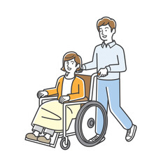 車椅子に乗る妻を介助する夫