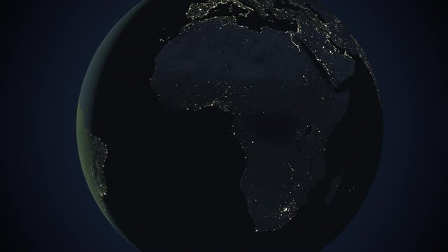 Seamless looping animation of the earth at night zooming in to the 3d map of Uganda with the capital and the biggest cites in 4K resolution