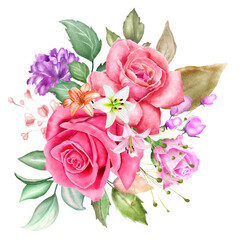 Beautiful hand drawing rose flowers and green leaves floral bouquet