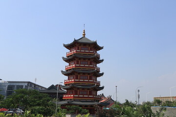 Fototapeta premium Pagoda in Pantjoran, Pantai Indah Kapuk, Jakarta looks great. It is a popular place in Jakarta. Some people go there to refreshing.
