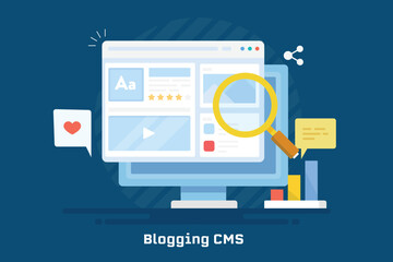 CMS software application managing content of blog and website with no code technology concept.