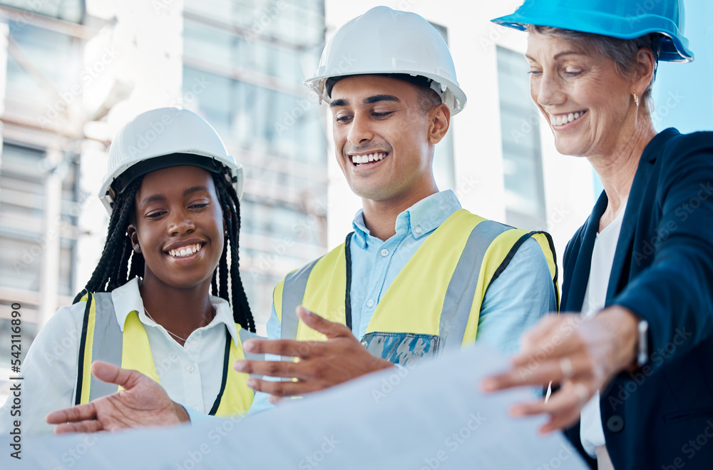 Poster Architect team, blueprint and meeting for construction planning, discussion or collaboration on site. Happy industrial engineers in teamwork conversation for building, architecture or project plan