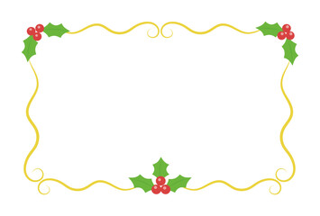 柊とゴールドの蔓のシンプルなフレーム・横書き　クリスマス　冬の素材