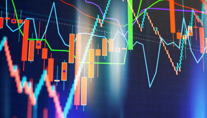 candlestick chart on blue theme screen, market volatility, up and down trend. Stock trading, crypto currency background.