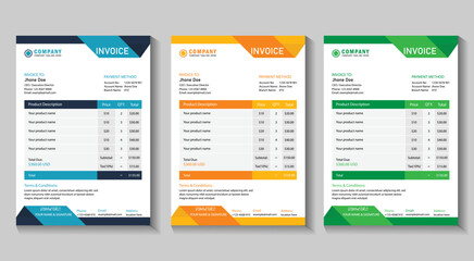 Minimal corporate business bill form price invoice design template. editable modern abstract creative professional invoice template with yellow, green, blue color. 