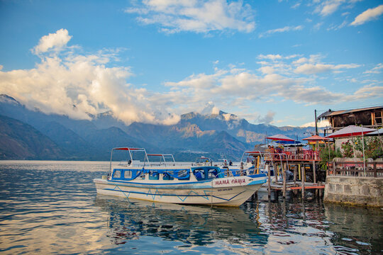 Boat docked at lakeside restaurant in Lake Atitlan, Guatemala on January 5, 2016.
