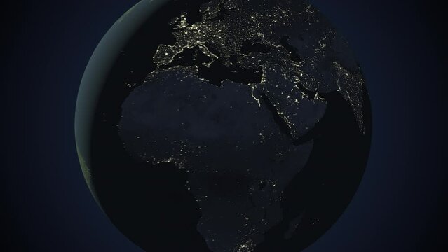 Seamless looping animation of the earth at night zooming in to the 3d map of United Arab Emirates with the capital and the biggest cites in 4K resolution