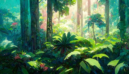 Obraz premium ﻿Tropical rainforest landscape on Blurred background, 3D Illustration of tall trees and vines in Fantastic lush jungle