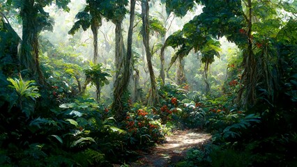 ﻿Tropical rainforest landscape on Blurred background, 3D Illustration of tall trees and vines in Fantastic lush jungle
