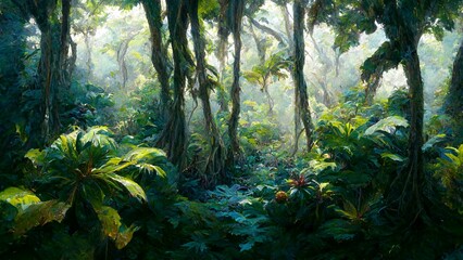 Fototapeta premium ﻿Tropical rainforest landscape on Blurred background, 3D Illustration of tall trees and vines in Fantastic lush jungle