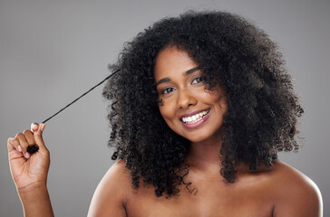 Beauty, hair and face, black woman and hair care with natural hairstyle motivation and cosmetic...
